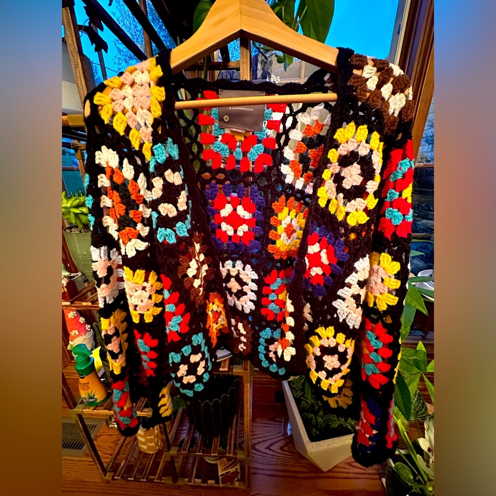 By Anthropologie crochet “granny squares” cardigan sweater. Handmade. One size.